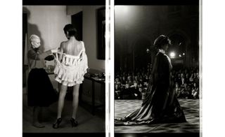 Black and white photos of Vivienne Westwood fitting a model and a model walking the catwalk