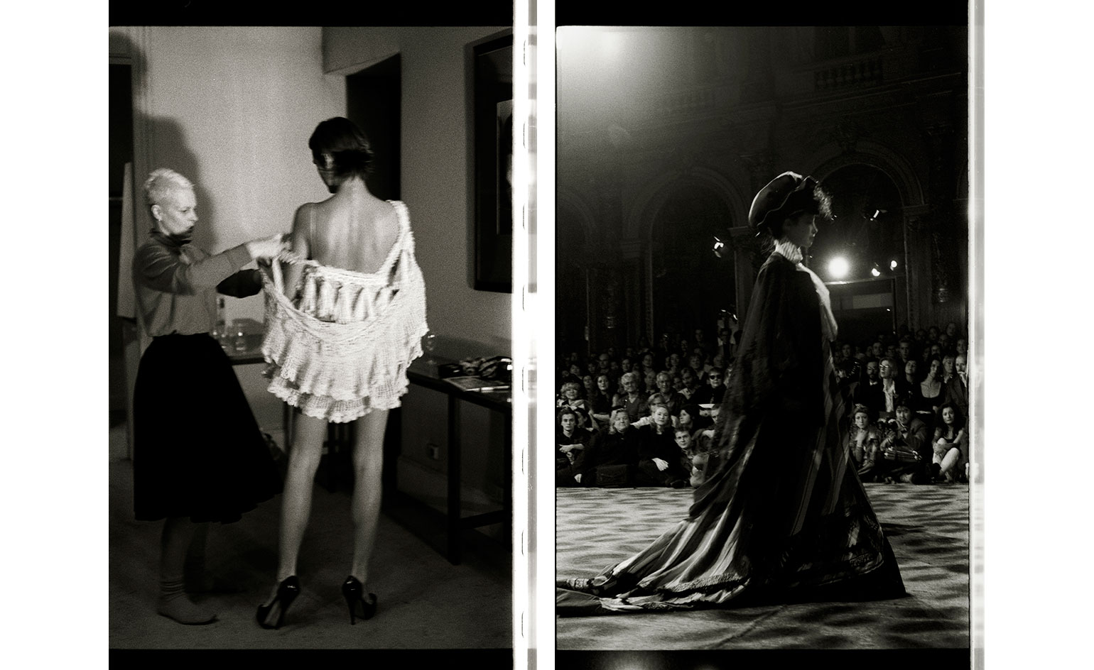 Black and white photos of Vivienne Westwood fitting a model and a model walking the catwalk