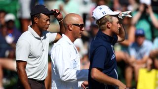 Tiger Woods and Will Zalatoris during a practice round before The Masters