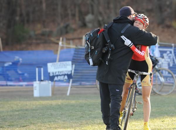 Mo Bruno-Roy (Bob&rsquo;s Red Mill p/b Seven Cycles) hugs her race support, Matt Roy after her great second place.