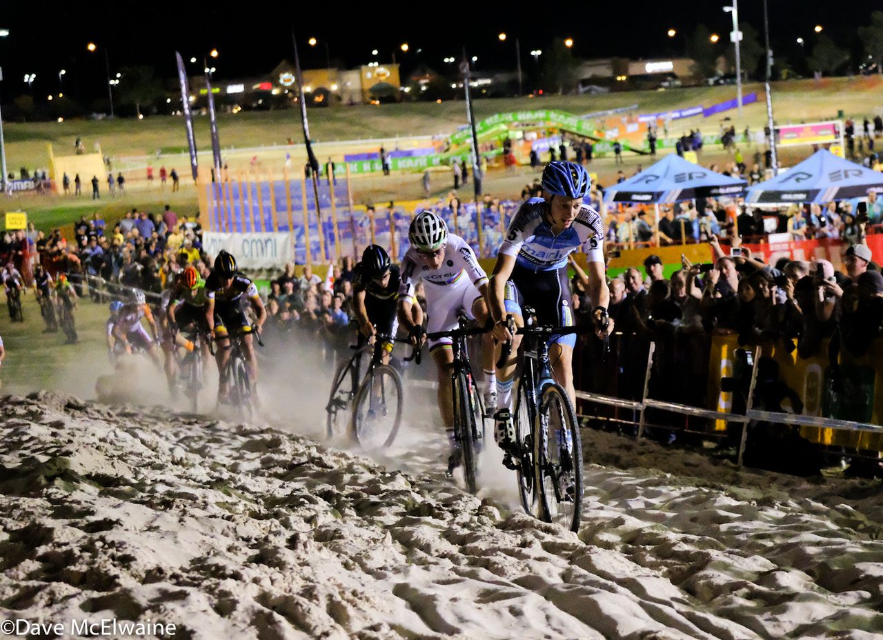 Michael Vanthourenhout (MARLUX-NAPOLEON GAMES CYCLING TEAM) riding the long uphill sand pit with the Van Aert close behind.