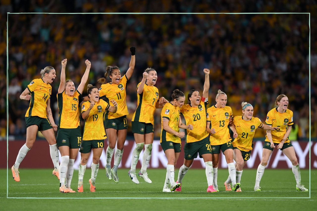 The Australian women&#039;s football team known as The Matildas lined up on a football pitch