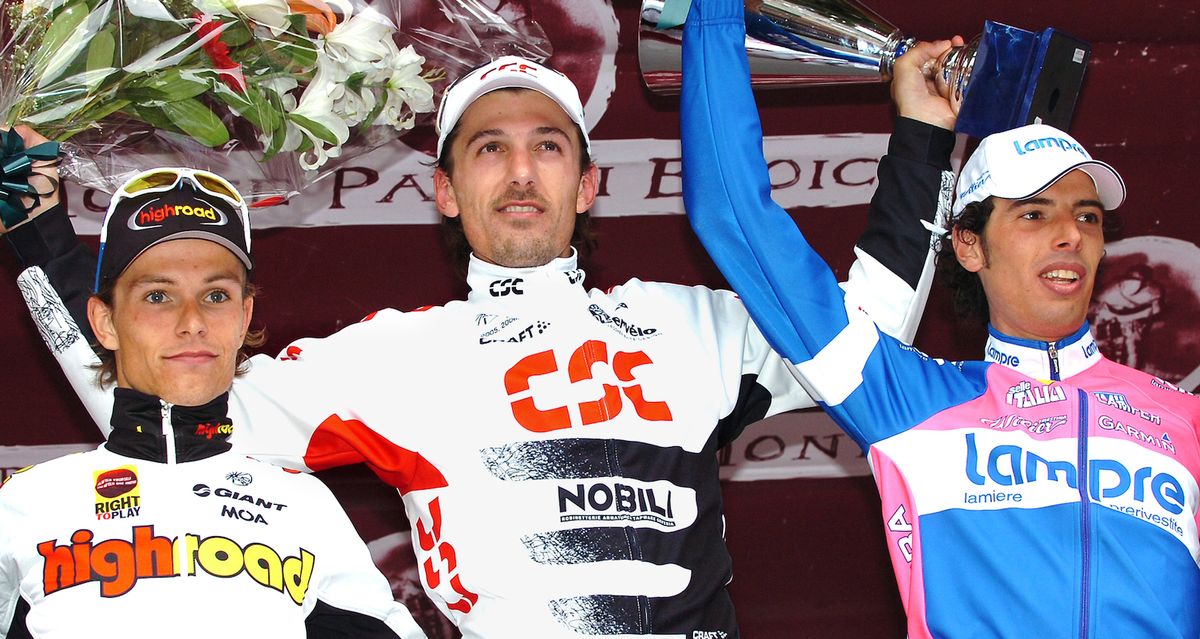 Linus Gerdemann (Team Columbia), Fabian Cancellara (CSC) and Alessandro Ballan (Lampre) make up the 2008 podium