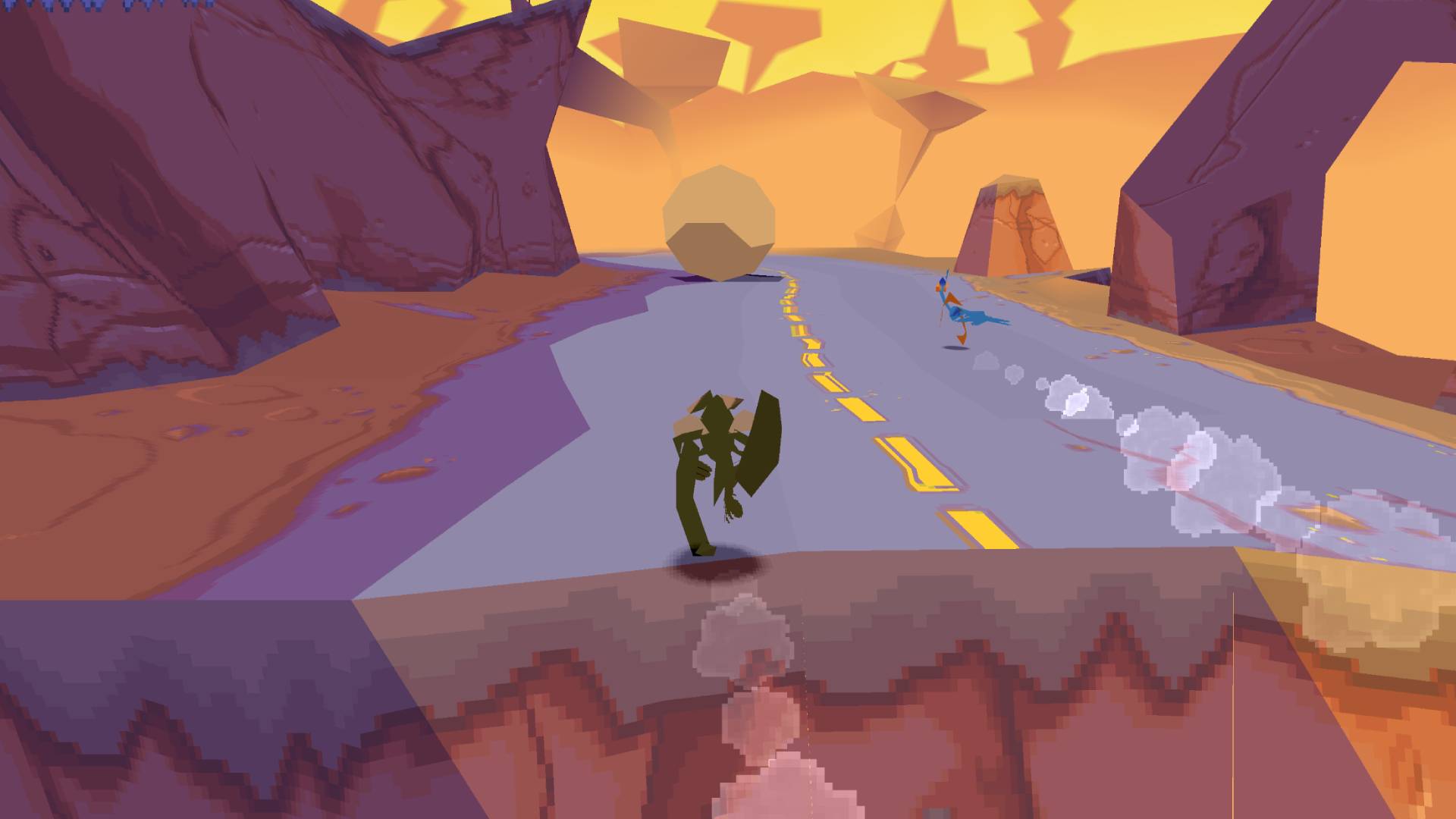 Gameplay screenshot of Ralf Wolf chasing Road Runner on road with bolder in view.