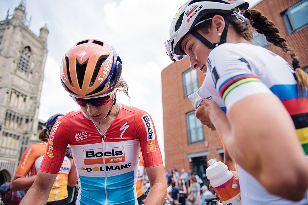 Stage winner, Christine Majerus catches up with her Boels Dolmans teammate, Lizzie Armitstead at Aviva Women's Tour 2016 - Stage 1