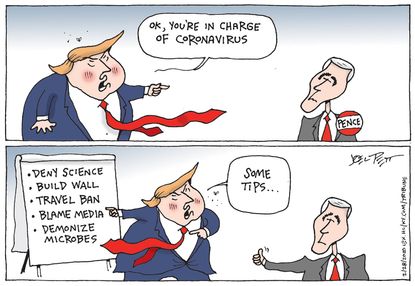 Political Cartoon U.S. Trump Pence HHS Coronavirus response denial science media blame