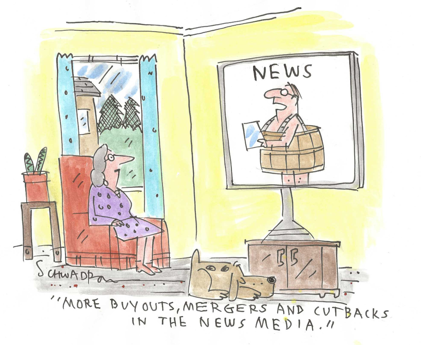A woman watches television in her home. She&amp;rsquo;s watching the news, and the male newscaster is wearing an old, makeshift wooden barrel instead of clothes. The newscaster says, &amp;ldquo;More buyouts, mergers and cutbacks in the news media.&amp;rdquo;
