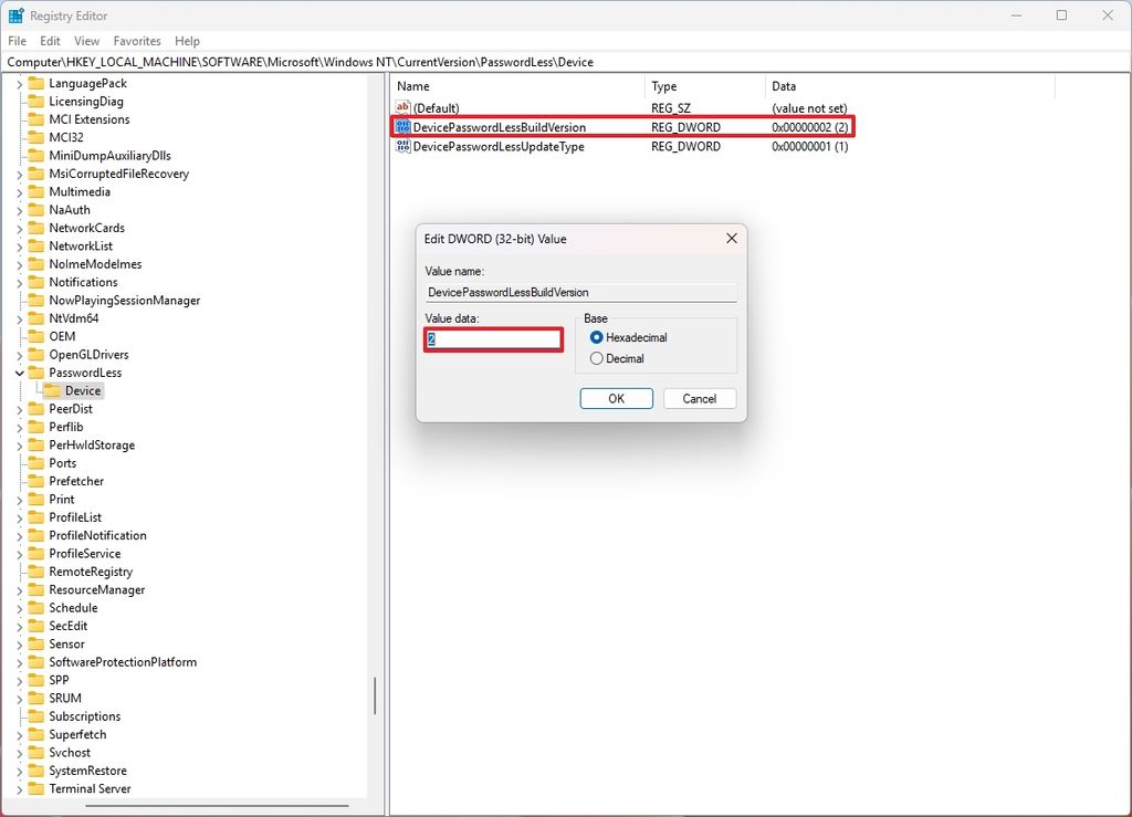 Registry enable passwordless sign in