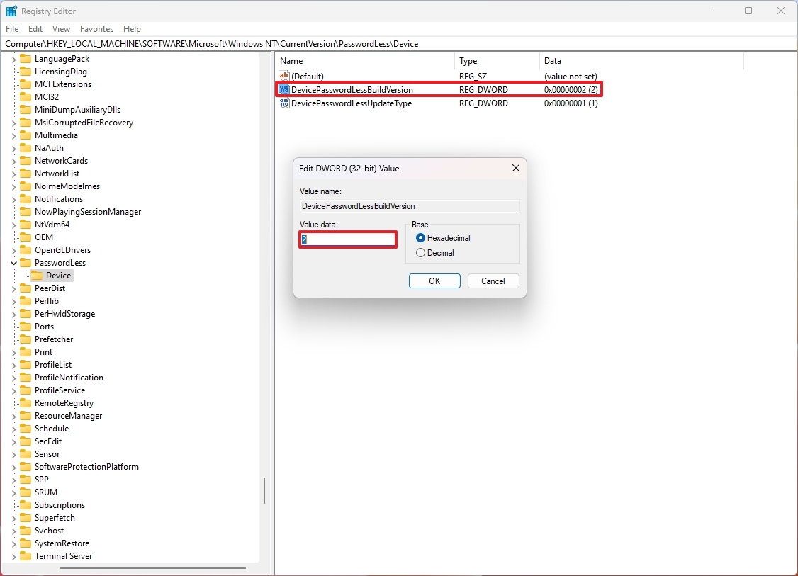 Registry enable passwordless sign in