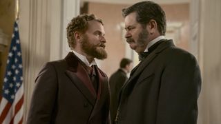 (L-R) Shea Whigham as Roscoe Conkling and Nick Offerman as Chester A. Arthur in "Death by Lightning" on Netflix.