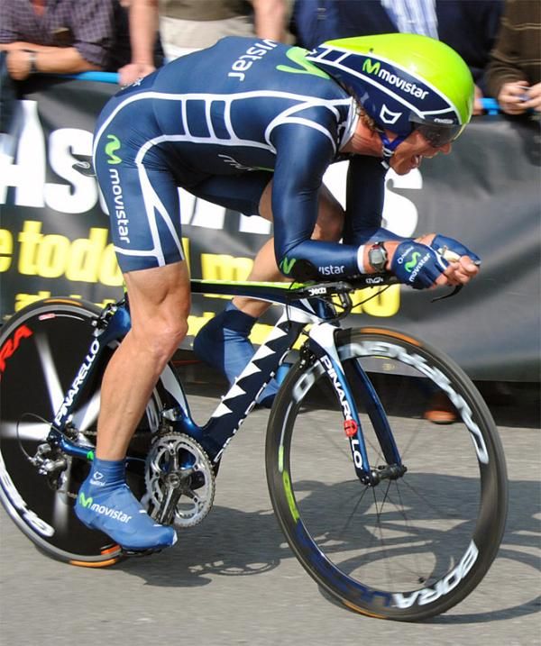 Jos&eacute; Ivan Gutierrez (Movistar) en route to a second place finish in the time trial.
