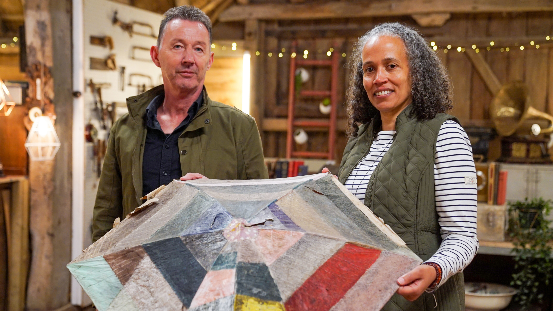 Siblings Marc and Mel with their father's handmade kite in The Repair Shop