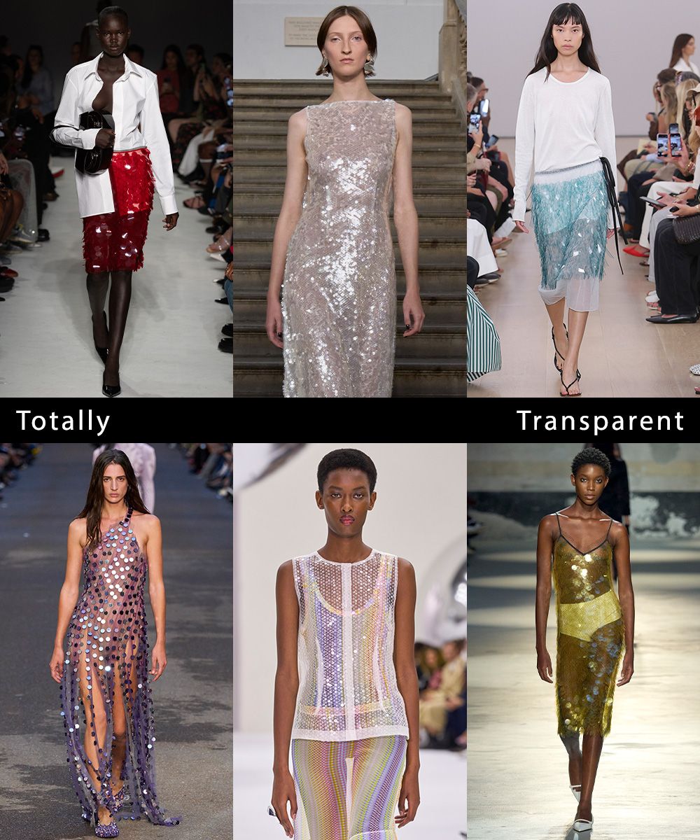 a collage of runway images featuring the maximalist spring trend: sheer sequins