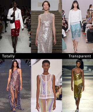 A collage of runway images featuring sheer sequins.