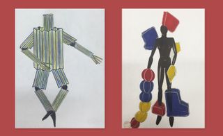 Sketches by associate designer Jon Can Coskunes of the Accordian Man (left) and Inflatable Woman (right)