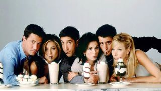 The cast of Friends, Matthew Perry, Jennifer Aniston, David Schwimmer, Courtney Cox, Matt LeBlanc and Lisa Kudrow, sip from milkshakes in a classic promo image