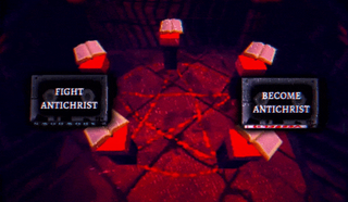 Two buttons, one labeled "Fight Antichrist" and another labeled "Become Antichrist." The buttons are floating above a pentagram.