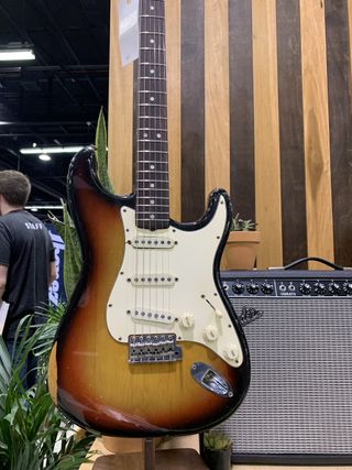 A 1969 Fender Stratocaster, on display at the Reverb booth at the 2023 NAMM show