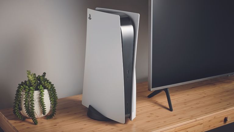 Sony PlayStation 5 console positioned vertically on a wooden cabinet next to a TV