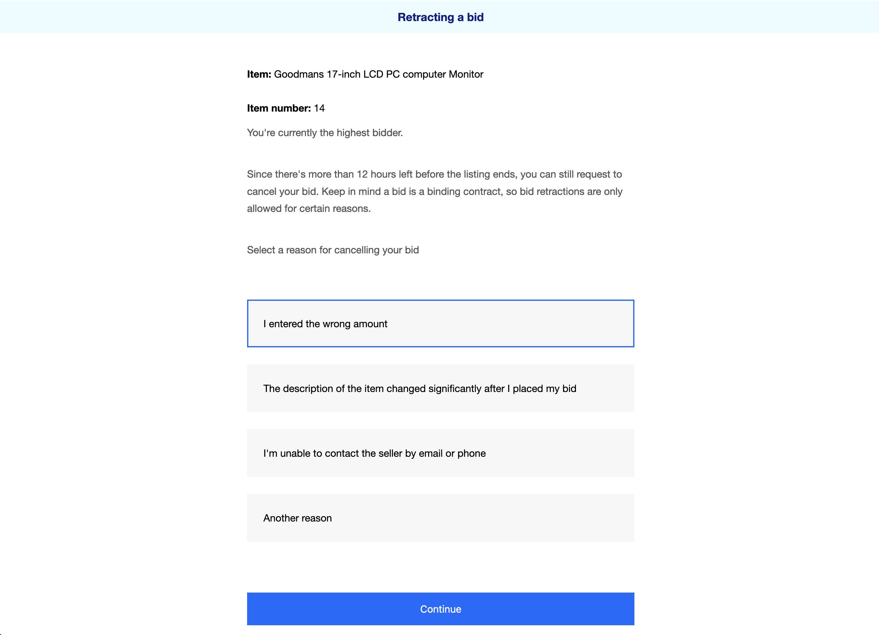 eBay "retracting a bid" page showing different reasons to retract a bid