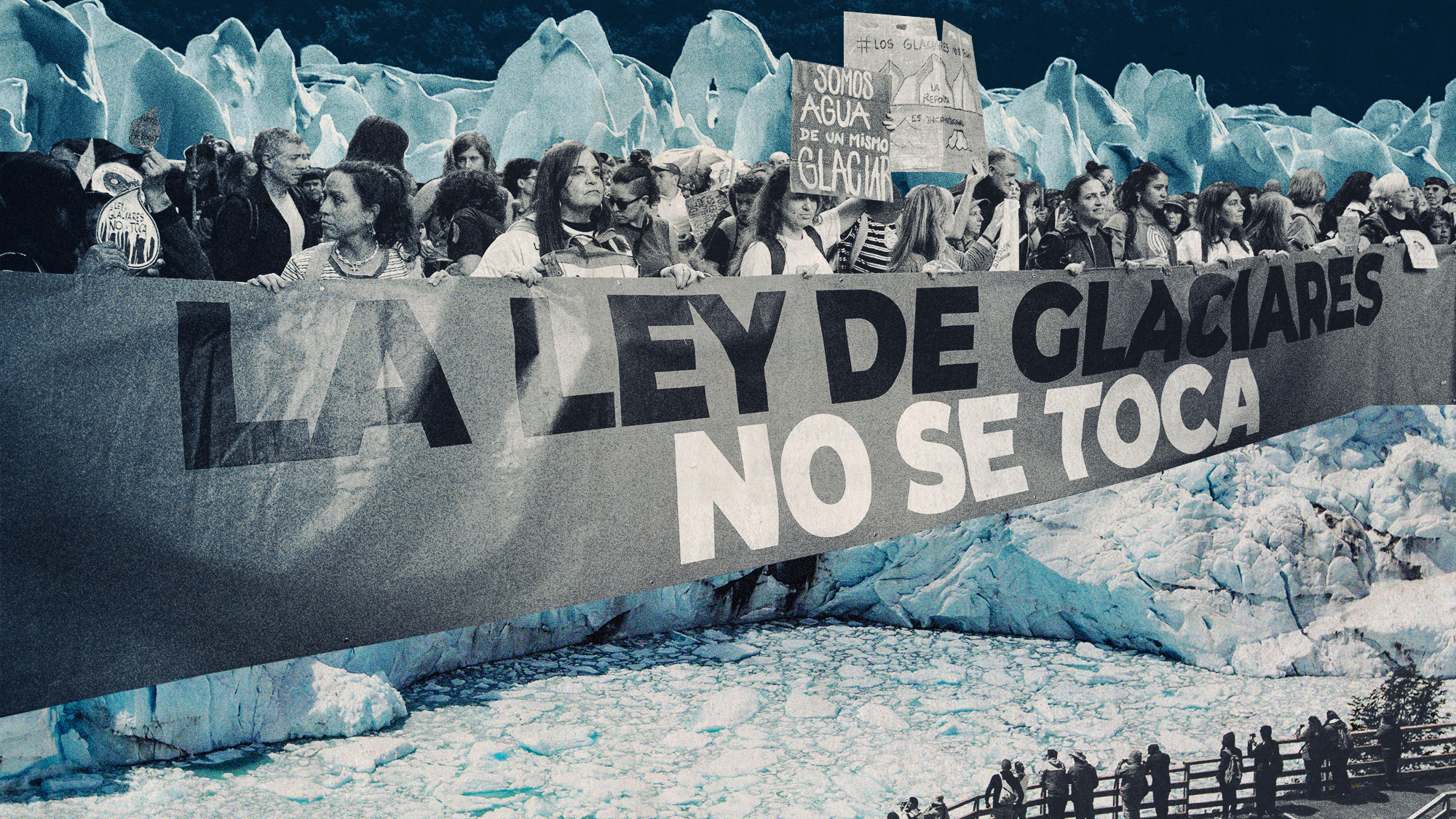 Photo collage of an Agentinian protest and Los Glaciares National Park