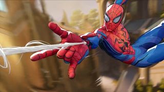 Marvel Rivals trailer still - Spider-Man shooting a web