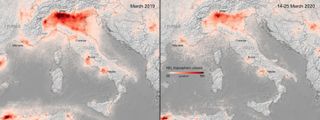 Nitrogen dioxide emissions over Italy compared between a 10-day period this month and the monthly average of March 2019.