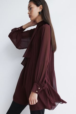 Tie-Neck Plissé Dress