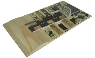 Model showing the visitor centre’s overview within the landscape, from the entrance side