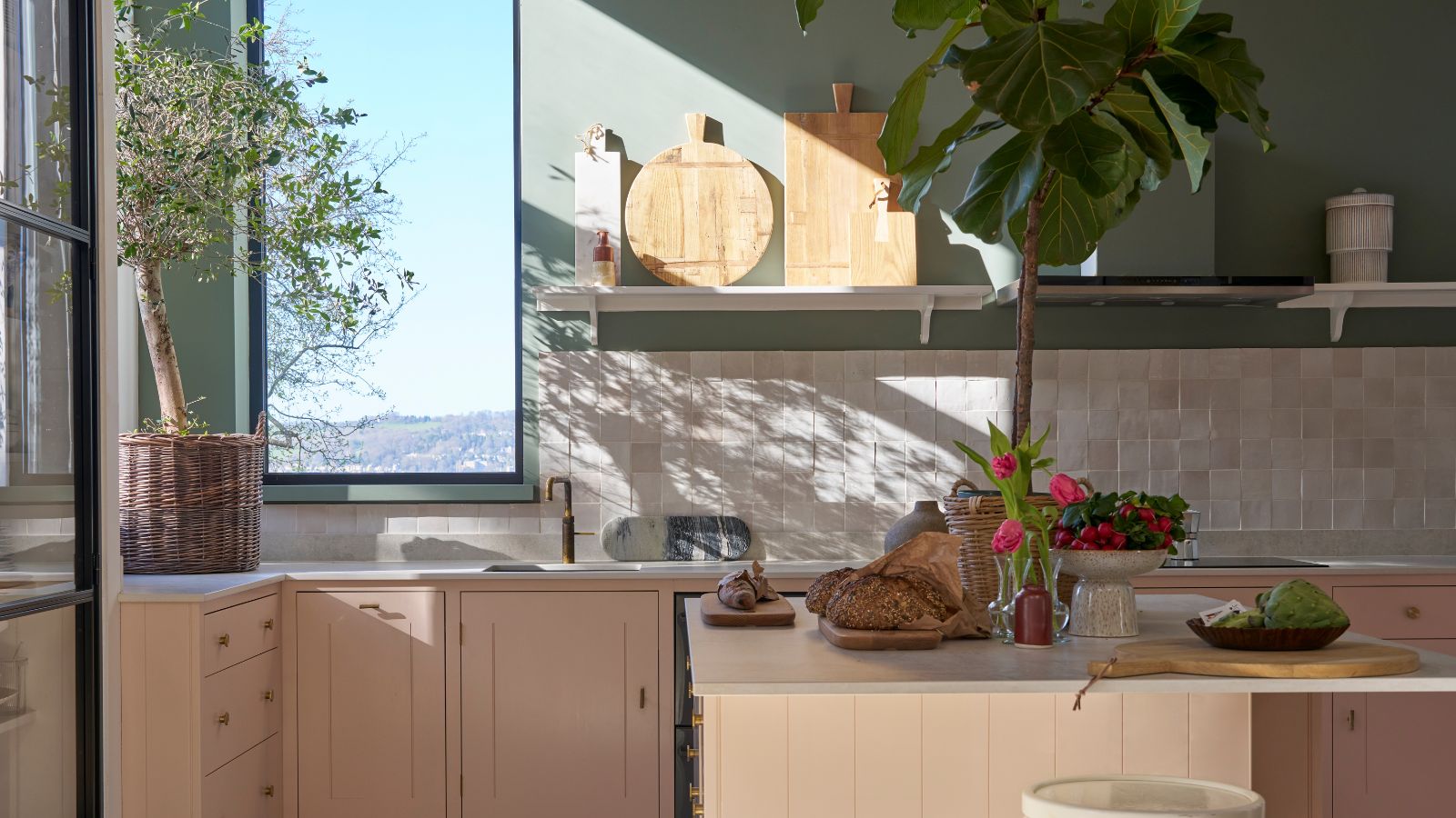 Pink, green, and white kitchen painted in Farrow &amp; Ball&#039;s new flat eggshell finish