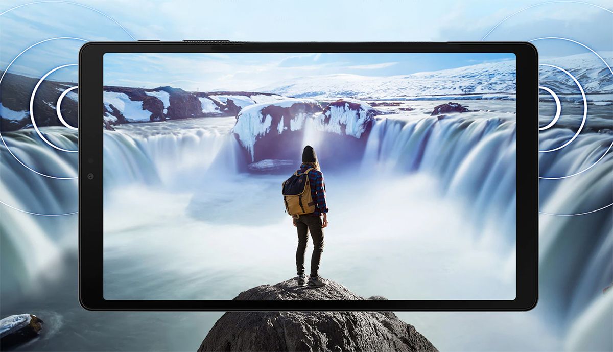 A Samsung Galaxy Tab A7 lite showing a woman mountaineering. 