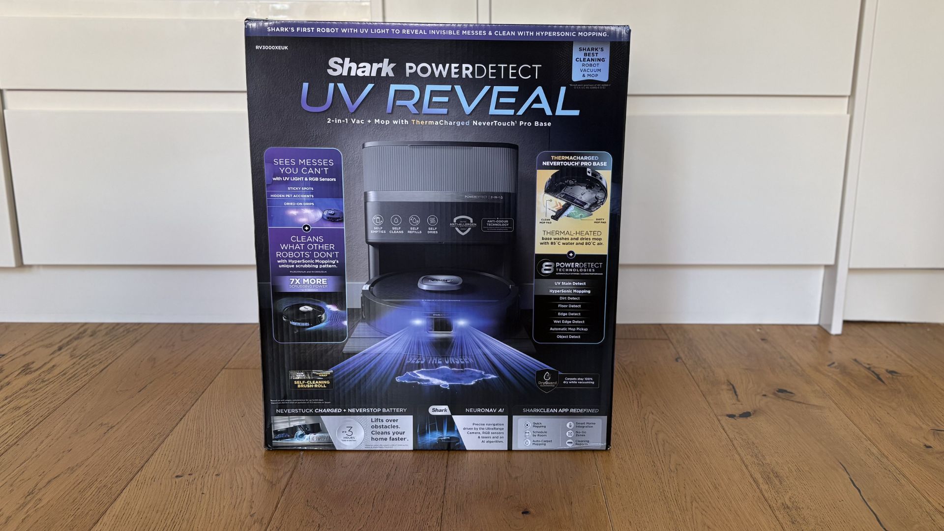 The Shark PowerDetect UV Reveal Robot Vacuum + Mop box