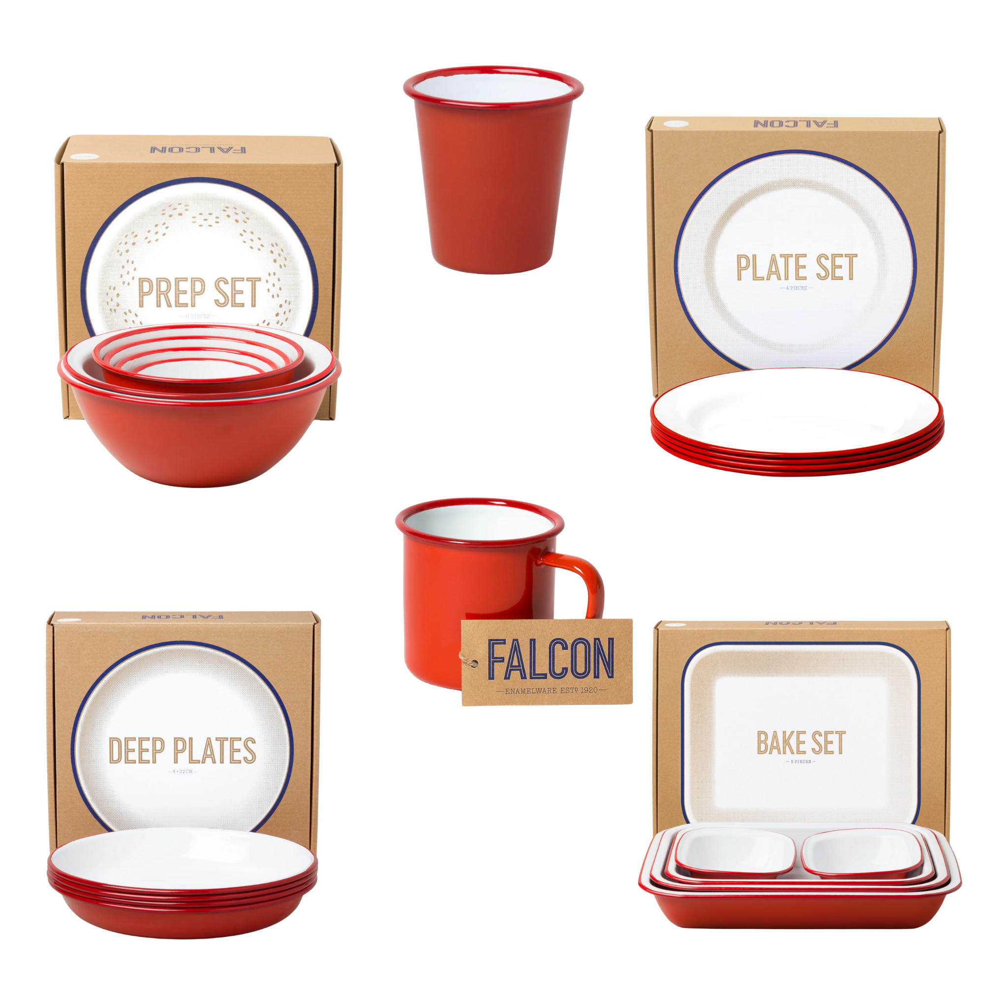 a set of prep bowls, plates, deep plates, a cup, a mug, and a bake set all in red and white