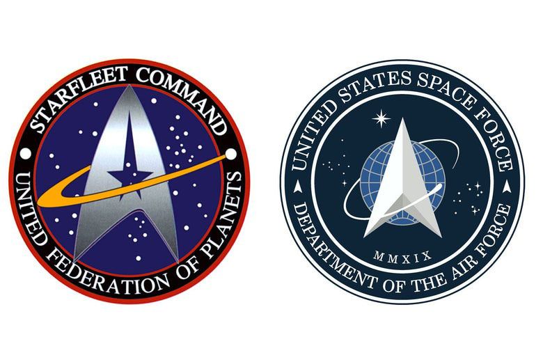 The Star Trek Starfleet logo (left) next to the new Space Force logo