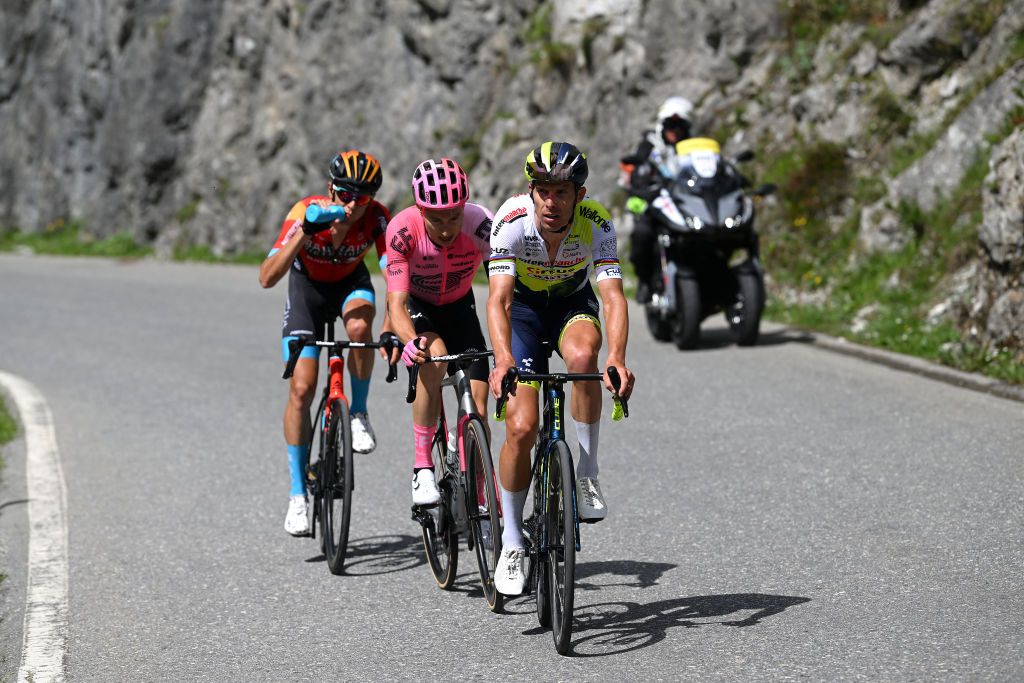 LA PUNT SWITZERLAND JUNE 15 LR Antonio Tiberi of Italy and Team Bahrain Victorious Neilson Powless of The United States and Team EF EducationEasyPost and Rui Costa of Portugal and Team IntermarchCircusWanty compete in the breakaway during the 86th Tour de Suisse 2023 Stage 5 a 211km stage from Fiesch to La Punt 1696m UCIWT on June 15 2023 in La Punt Switzerland Photo by Dario BelingheriGetty Images