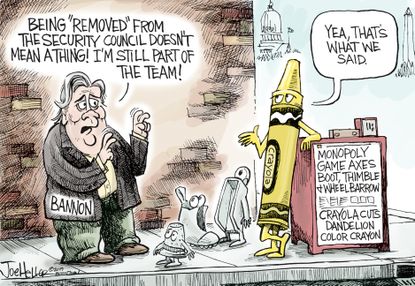 Political Cartoon U.S. Steve Bannon National Security Council Crayola Monopoly