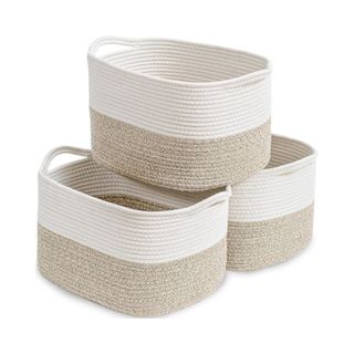 woven fabric storage baskets in white and cream two-tone