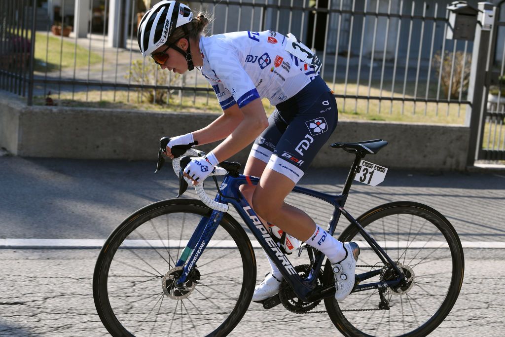 CITTIGLIO ITALY MARCH 21 Cecilie Uttrup Ludwig of Denmark and Team FDJ Nouvelle Aquitaine Futuroscope during the 45th Trofeo Alfredo BindaComune di Cittiglio 2021 Womens Elite a 1418km stage from Cocquio Trevisago to Cittiglio 257m Breakaway TrBinda UCIWWT on March 21 2021 in Cittiglio Italy Photo by Tim de WaeleGetty Images