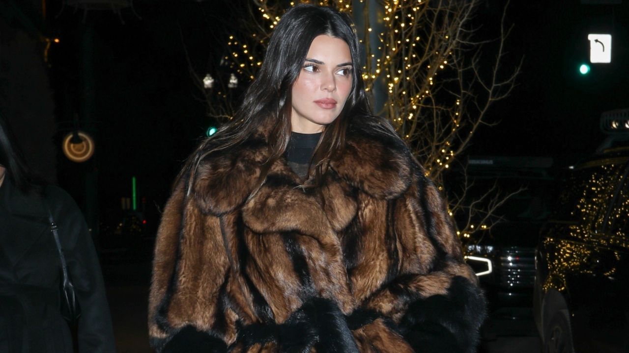 kendall jenner in a brown fur phobe philo coat in aspen