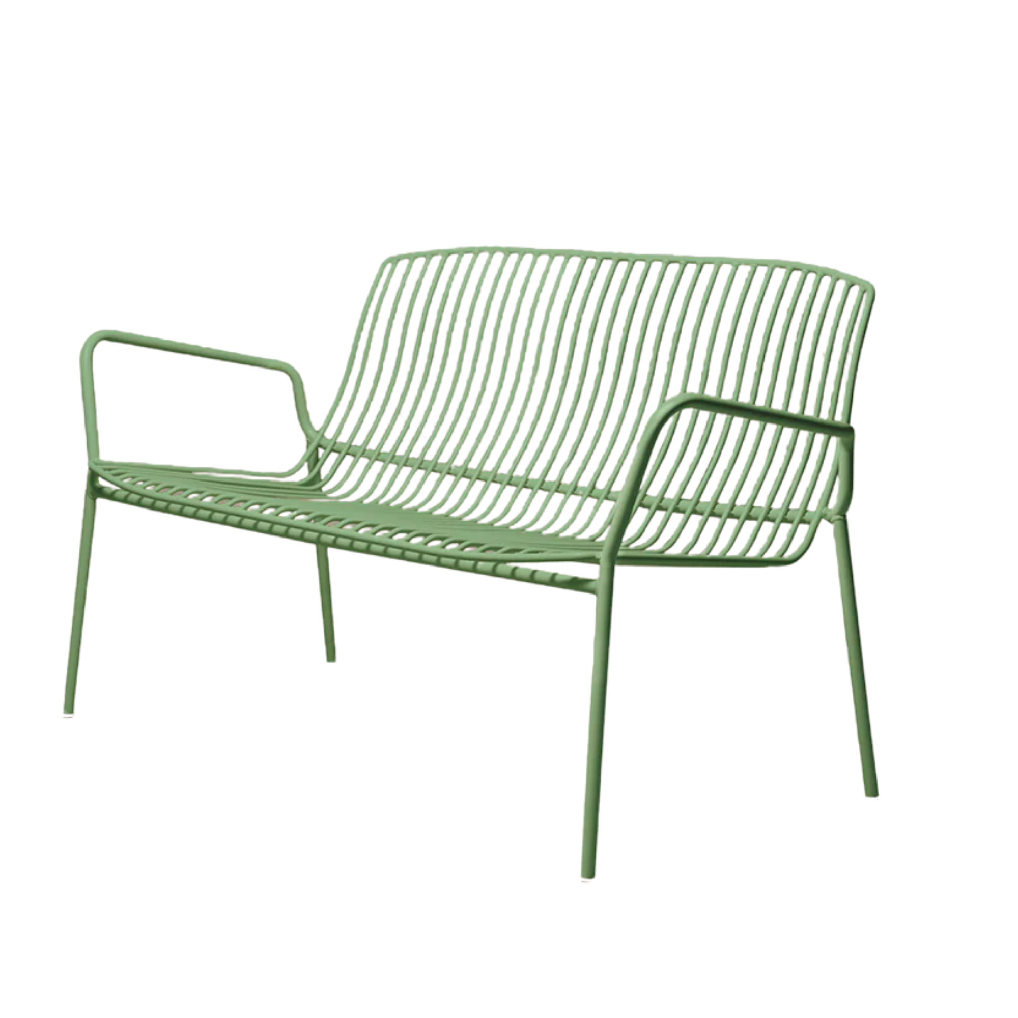 green outdoor garden bench with slotted seat detailing