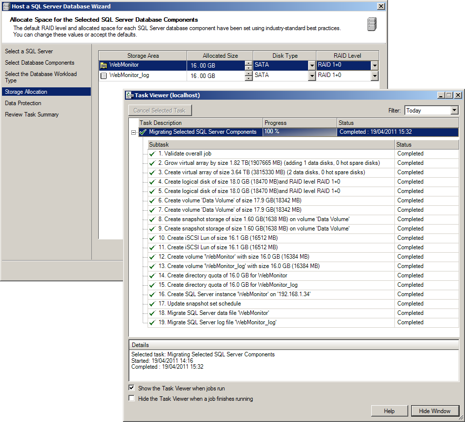 After choosing a RAID type for the SQL primary data and transaction log files, we left HP's wizard to get on with the entire