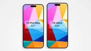Sammenligning av størrelsen til iPhone 15 Pro Max og iPhone 16 Ultra.