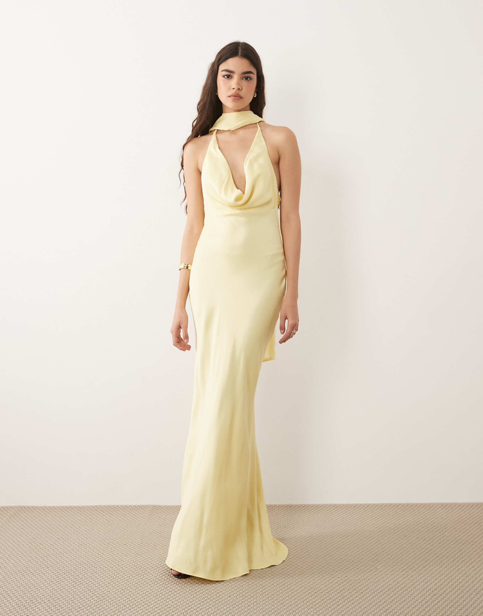 Asos Design Satin Cowl Neck Scarf Maxi Dress in Buttermilk