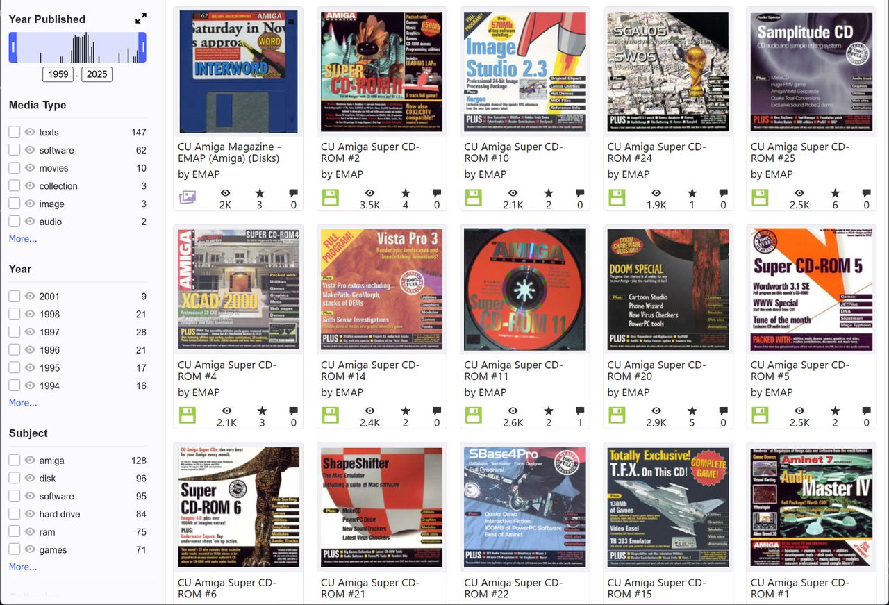 Sscreenshots showing just a few of the many cover disks on the Internet Archive