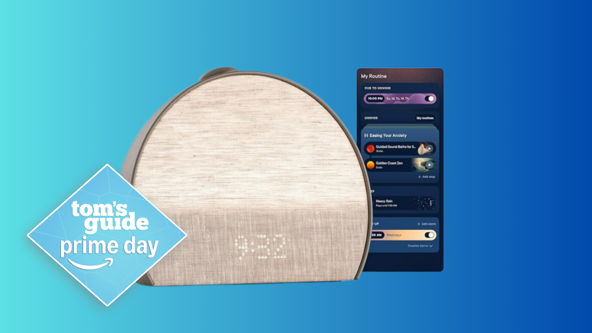 The image shows the Hatch Restore 3 Sunrise Alarm Clock on a blue background