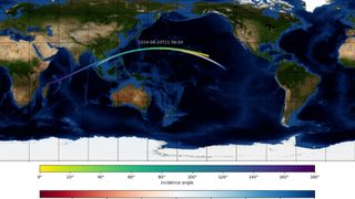 map of earth showing a spacecraft's planned trajectory during a coming close approach