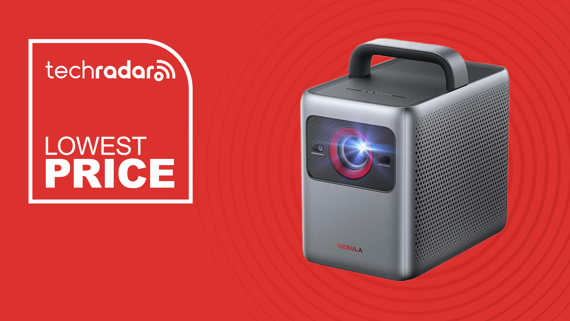 The Anker Nebula Cosmos 4K SE portable projector is pictured against a red background. Next to it, white text reads: lowest price.