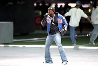 Kendrick Lamar Super Bowl LIX wearing Celine flare jeans