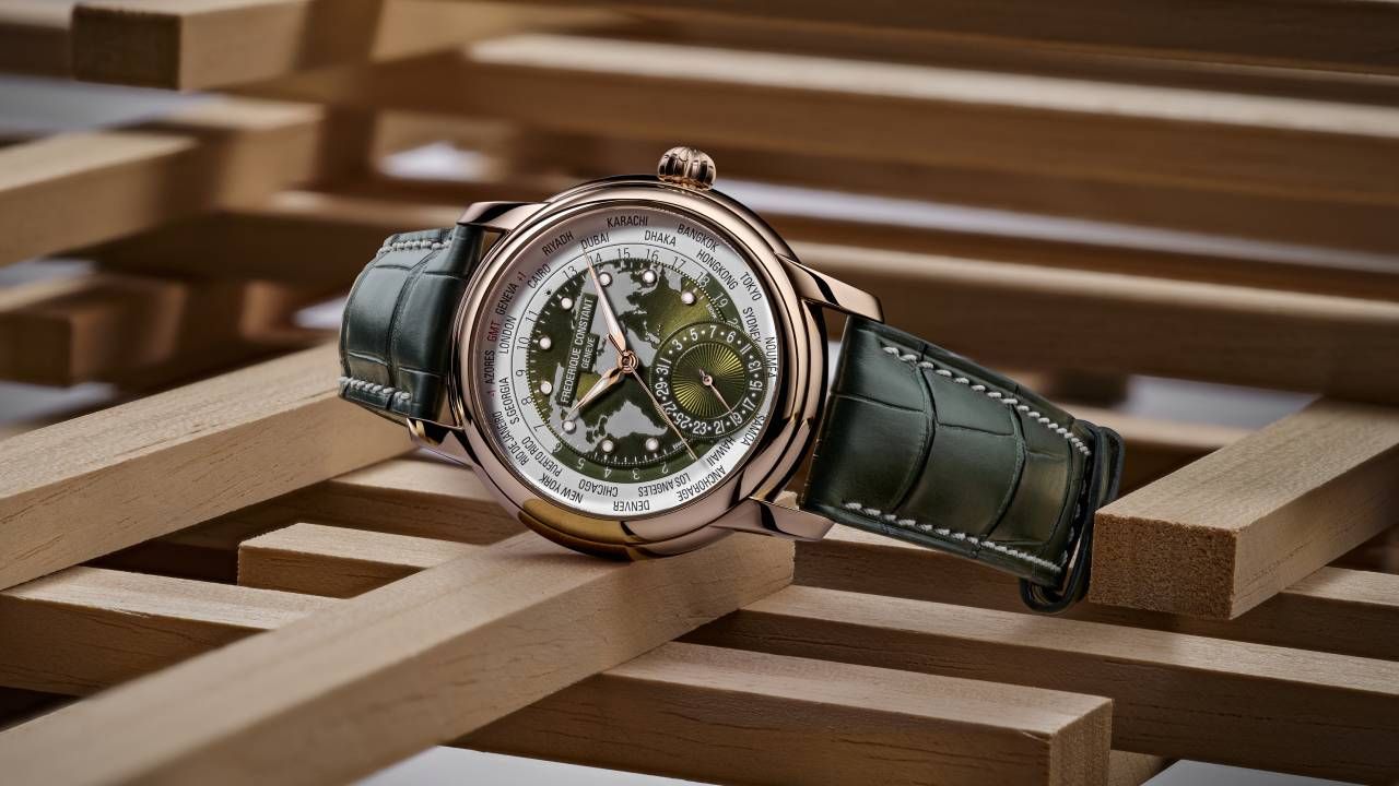 Frederique Constant Classic Worldtimer Manufacture in forest green and rose gold