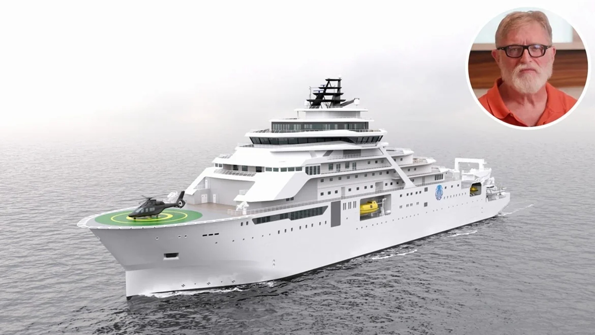 A large, white research vessel sails across a calm sea, featuring a helicopter pad at the front. An inset shows an older man with glasses and a beard.